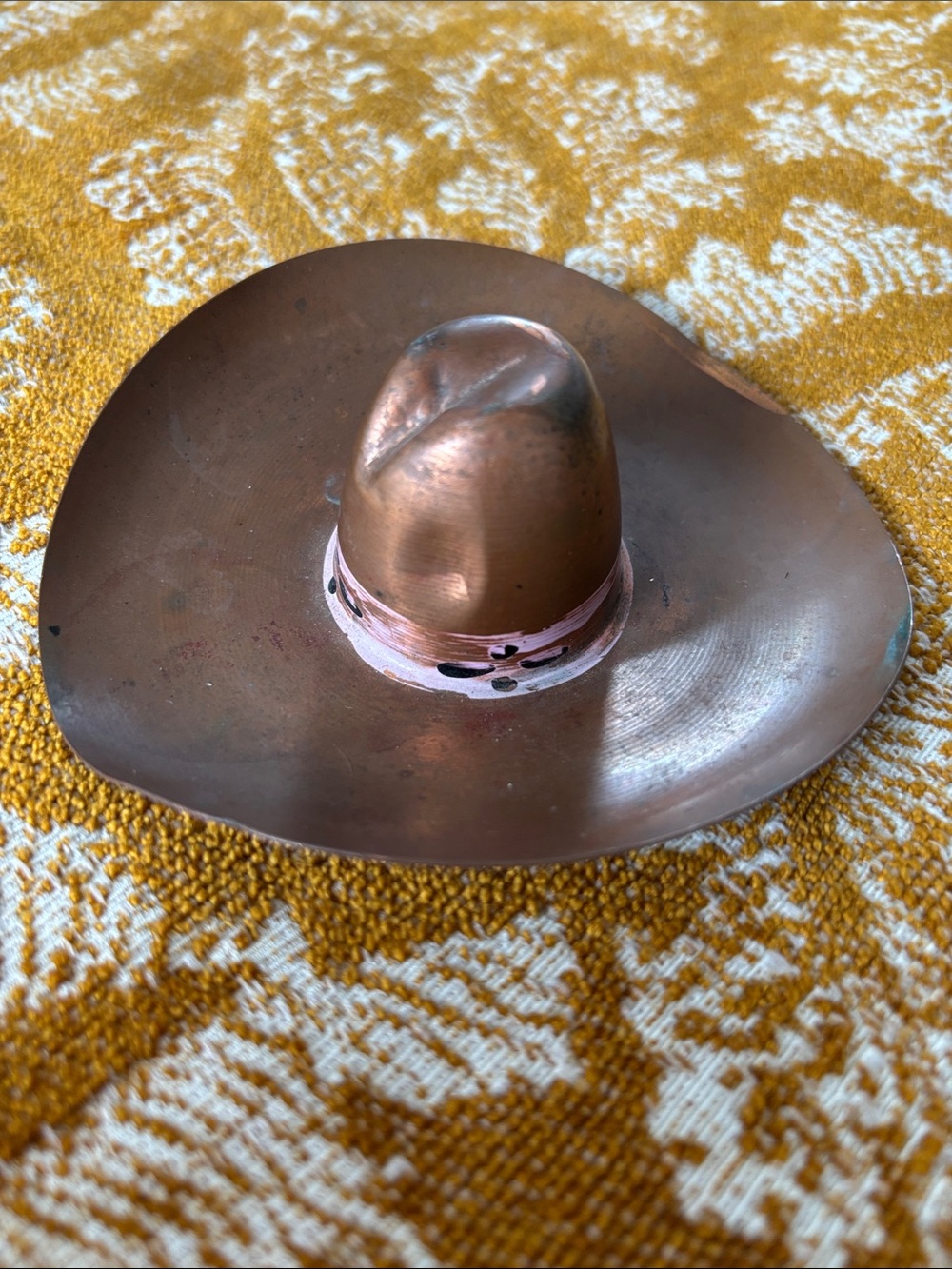 Vintage Copper Cowboy Hat w/painted Pink Band, small, patina, 4x 4.5”